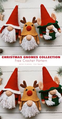 three crocheted gnomes with hats and beards are shown in two different sizes