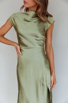 Lucinda Twist Back Midi Dress Olive Olive Satin Dress, Romantic Date Night, Romantic Date, Clothing Tags, Date Night Dresses, Satin Dress, New Tops, Tulle Dress, Satin Dresses