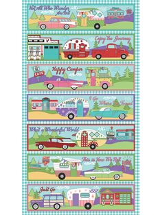 a colorful wallpaper with cars and trucks on the border, in different colors that says happy