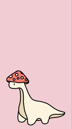 a cartoon dinosaur with a mushroom on it's head, standing in front of a pink background