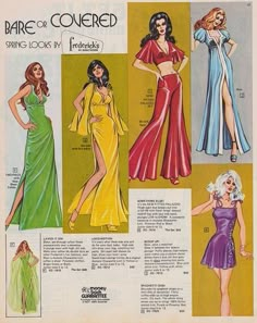 an advertisement for barbie's evening gowns from the early 1960s, showing different styles