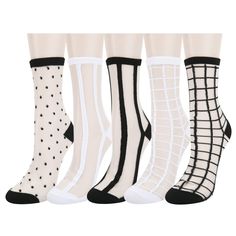 PRICES MAY VARY. ❥【SIZE & PACKING】Medium Size. Fits for US women shoe size 5-9. It contains 5 Pairs transparent see through lace mesh high ankle crew socks with different patterns including polka dot, vertical stripes and plaid. ❥【SMOOTH MATERIAL】Nylon, cotton, which ensures our socks soft, comfortable, stretchy, lightweight and breathable. Sheer see through lace on the top, easy for air ventalation, let you feel cool. Lightweight, like a peice of feather on your feet. Enforced cotton heel and t Sheer Socks Outfit, Alex Sho, Cooler Weather Outfits, Tulle Socks, Fancy Socks, Lace Ankle Socks, Fair Isle Socks, Pretty Socks, Flower Pattern Dress