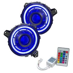 two blue lights with remote control on white background