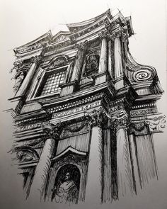 an ink drawing of a building with columns