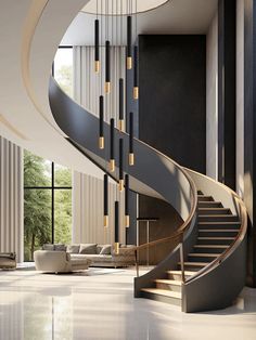 a spiral staircase in the middle of a living room with white walls and flooring