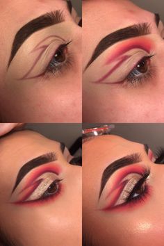 Cool Makeup Designs, Makeup Ideas Extreme, Makeup Extreme, Red White And Black Makeup Looks, Red N Black Makeup Looks, Creative Eyeshadow Ideas, Red Creative Makeup, Extravagant Eye Makeup, Dramatic Eye Makeup Looks