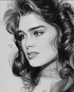 a black and white drawing of a woman's face with curly hair, looking to the side