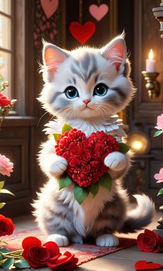 a white kitten with blue eyes holding a bouquet of red roses