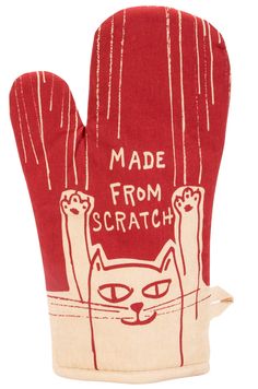 a red oven mitt with an image of a cat on it's back