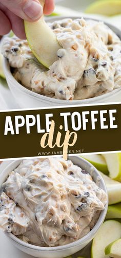 an apple toffe dip in a white bowl with apples around it and the words, apple toffe dip