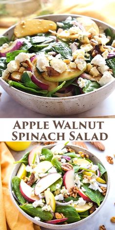 an apple walnut spinach salad is shown in two different bowls with the same toppings