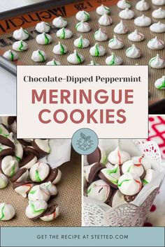 chocolate - dipped peppermint meringue cookies on a cookie sheet with the title overlay