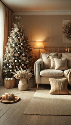 a living room filled with furniture and a christmas tree