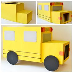 a yellow school bus made out of cardboard