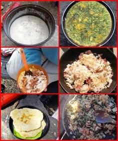 there are many different pictures of food cooking in the same pan as well as other things