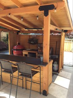 an outdoor bar with three chairs and a grill in the back ground, under a wooden roof