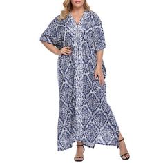 HDE's maxi kaftan beach dress is a versatile summer vacation must-have, perfect for women of all different sizes. Designed to be oversized, breezy, and relaxed feeling when you're out in the sun. The loose sleeves and loose cut will make you look slimmer and let you feel sophisticated on your next vacation getaway. You also don't have to worry about skin damage because our caftan / kaftan beach cover up offers UPF 30+ to protect your skin. Be a stunner at the beach or by the pool with a pop of 1 Relaxed Fit V-neck Maxi Dress For Vacation, Blue Printed Maxi Dress For Beachwear, Blue Maxi Dress For Vacation, Oversized V-neck Maxi Dress For Vacation, Blue Printed Maxi Beach Dress, Blue Beachwear Maxi Dress For Vacation, Printed Maxi Dress For Vacation, Blue Maxi Dress For Beach Season Vacation, Blue Maxi Dress For Beach Vacation