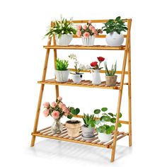 three tier bamboo plant stand with potted plants on top and flowers in the bottom