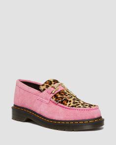 Adrian Hair-On Leopard Snaffle Loafers in Fondant Pink  | Dr. Martens Pink Dr Martens, Fondant Pink, Dr Martens Adrian, Leopard Print Hair, Pink Desert, Desert Oasis, Swag Shoes, Pink Leopard, Platform Boots