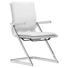 a white leather chair with chrome legs and arm rests on a clear plastic base, isolated against a white background