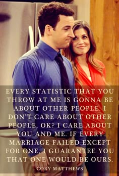 a man and woman standing next to each other in front of a refrigerator with the words, every statistic that you throw at me is on