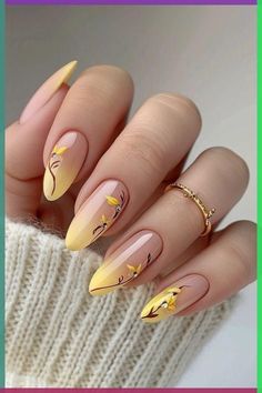 Cherry Blossom Nails Design, Neon Yellow Nails, Pale Pink Nails, Cherry Blossom Nails, Yellow Nail Art, Yellow Nails Design, Yellow Nail, Cute Spring Nails