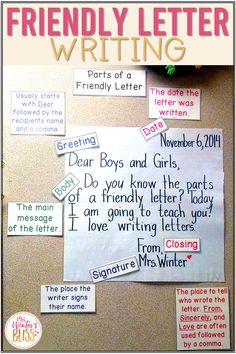 a bulletin board with writing on it and some notes attached to the bulletin board that says friendly letter writing