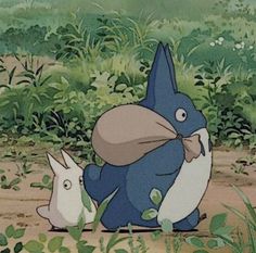 an animated image of a blue rabbit and another white rabbit sitting in the grass with their backs to each other