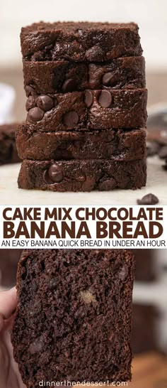 chocolate banana bread is stacked on top of each other with the words cake mix chocolate banana bread