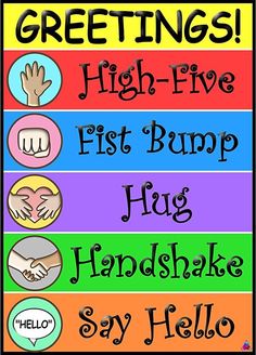 a poster with the words greetings high five fist bump hug handshak say hello