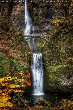 a waterfall with a bridge over it in the middle of fall leaves and trees surrounding it