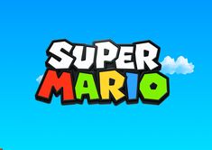 the title for super mario on a blue sky background, with clouds in the background