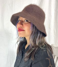 "Liz Claiborne-angora/wool/cloche/bucket hat/dark brown/no holes, no stains circumference inside- 24\" top to bottom- 10\" rim circumference- 32\"  Size M - L" Brown Wool Cloche Hat For Winter, Brown Cloche Felt Hat For Winter, Classic Brown Wool Cloche Hat, Brown Wide-brim Cloche Hat For Vacation, Brown Winter Cloche Hat, One Size, Cashmere Scarf, Liz Claiborne, Vintage Wool, Silk Scarf