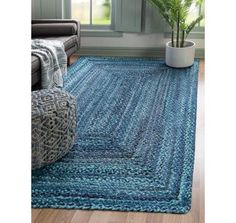 a blue area rug in a living room with a potted plant on the floor