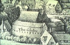 an old drawing of a village with trees and buildings in the foreground is shown