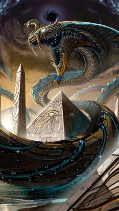 an image of a futuristic city in the sky with aliens and pyramids on it