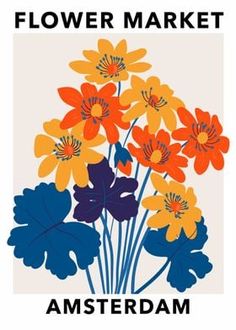 a flower market poster with flowers in blue, orange and yellow colors on a white background