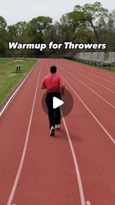 a man running on a track with the words warmup for throwers in front of him