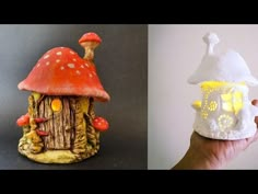 two pictures one has a mushroom house and the other has a mushroom house with mushrooms on it