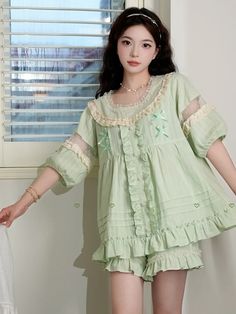 Ruffle Trim Green Sweet Cotton Pajama Set Kawaii Clothes Aesthetic, Cute Pajama Outfits, Kawaii Pajamas, Full Length Top, Cotton Pajama Set, Pajama Outfits, Pajama Dress, Pants Details, Clothing Designs