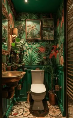 the bathroom is decorated in green and has a tropical theme on it's walls