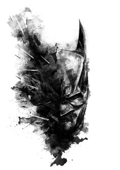 a black and white photo of the face of batman, with paint splatters all over it