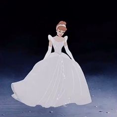 an animated image of a woman in a white dress and tiara, with snow falling around her