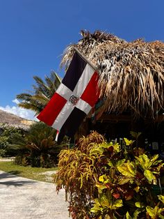 a flag hanging from the side of a thatched roof next to plants and trees