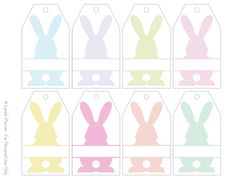 easter bunny gift tags in pastel colors with white and pink rabbit silhouettes on them