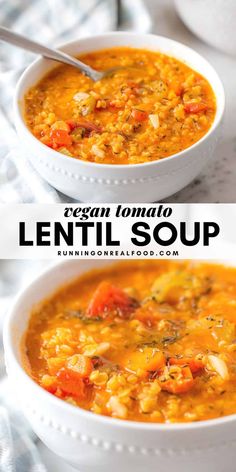 two bowls filled with lentil soup on top of a white plate and another bowl full of vegetables