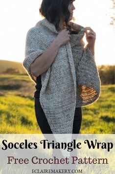 a woman wearing a crochet triangle shawl with text overlay that says,'free crochet pattern '