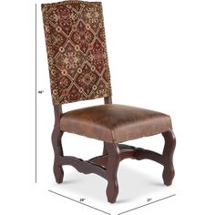 a brown leather chair with an ornate back and wooden frame, measurements for the upholstered seat