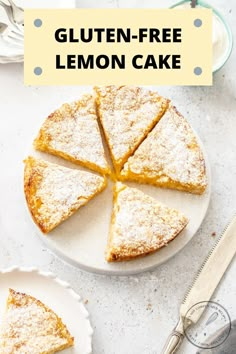 gluten - free lemon cake on a white plate with the title above it