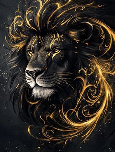 a lion's head with golden swirls on the side and black background,